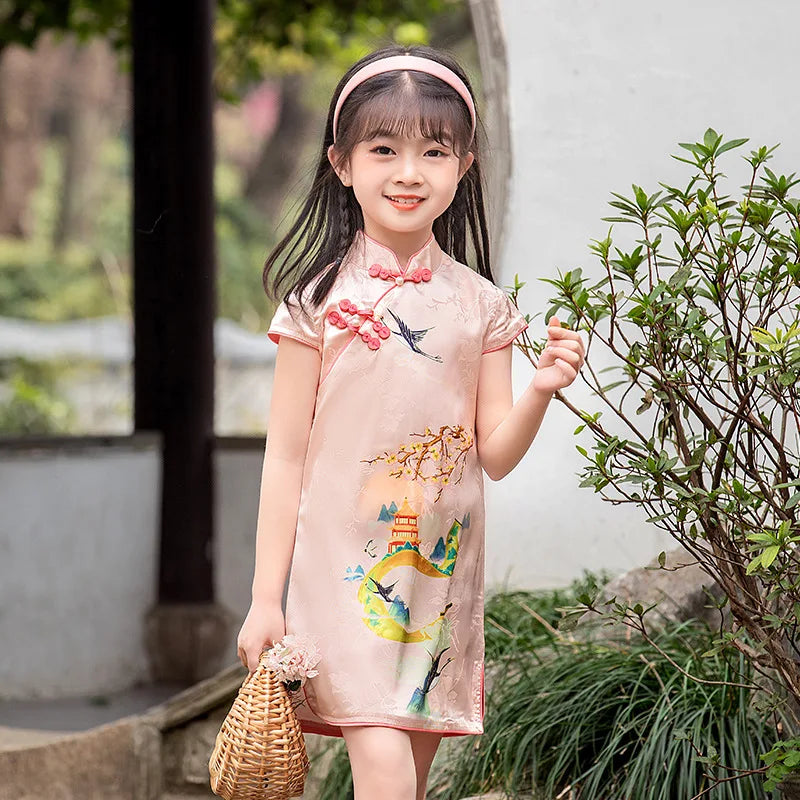 Traditional Chinese Clothing Cheongsams Qipao Girls Dress Ethnic Style Performance Costume Party Kids Clothes Children Clothing