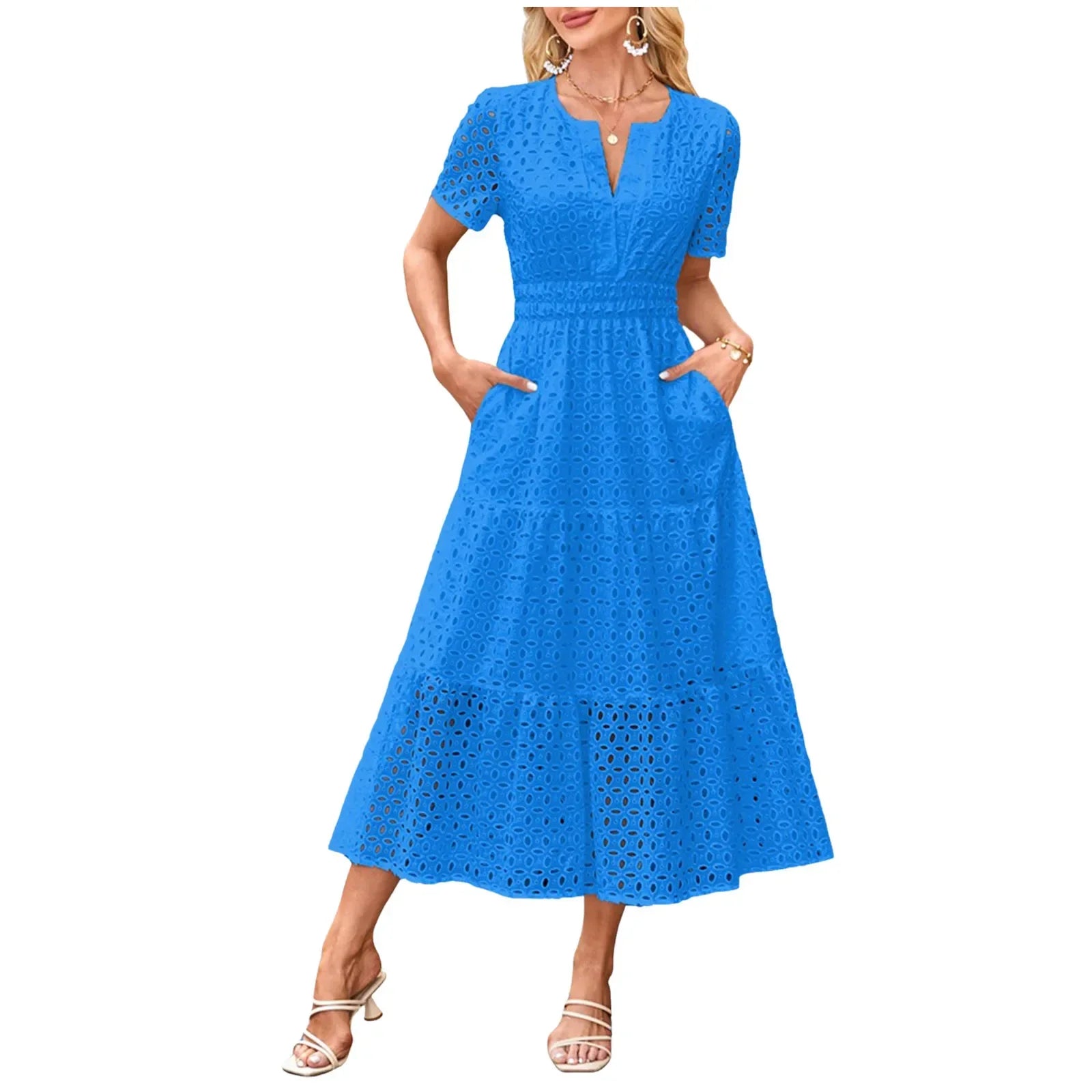 Summer New Women Short Sleeved Long Dress Trendy V-Neck Hollow Eyelets Ruffle Hem A-Line Dresses Pockets Female Vestidos