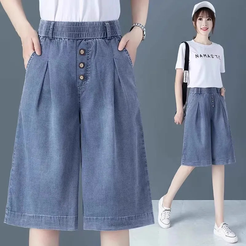 High Waist Wide Leg Pants Thin Design Summer Jeans Women's Loose Fit Small Size  Straight Cut Denim orts