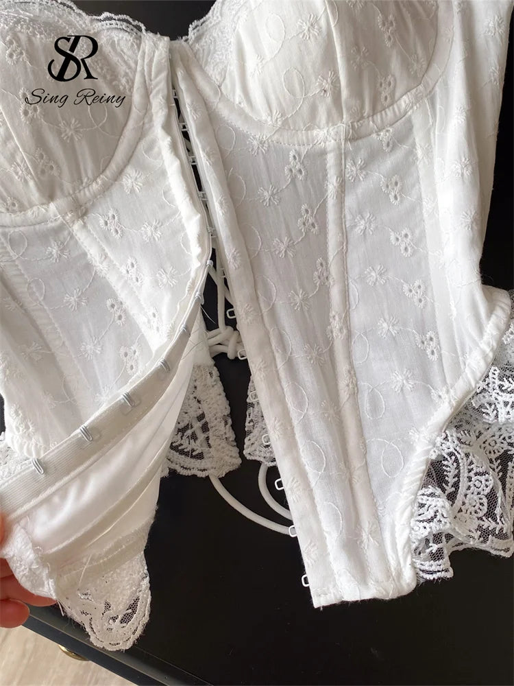 SINGREINY Embroidery Lingerie Corset Top Ladies Strap Lace Up Shapwear Flirty Camisole French Lace Ruffles Hotsweet Tank Top