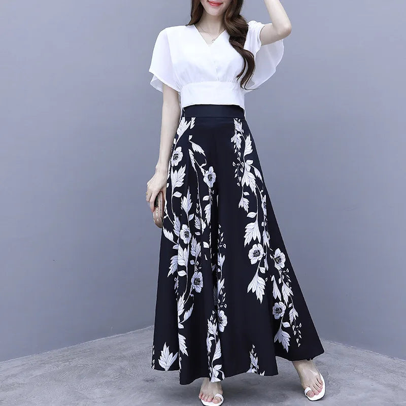 2024 Summer Commuting Fashion Loose Versatile Chiffon Solid Short Sleeved High Waist Wide Leg Printed Panel Women's Flare Pants
