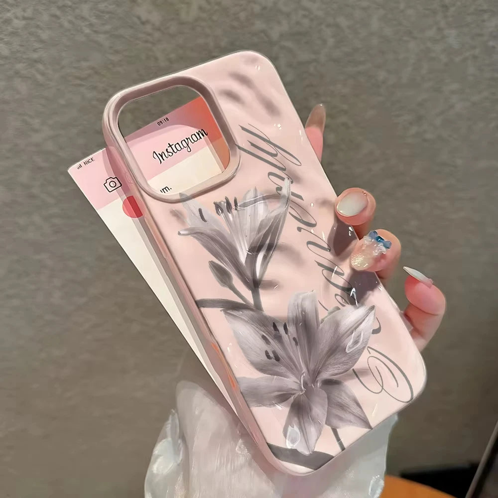 Gray Lily Floral Print Wave Texture Phone Case for iPhone 17 Pro Max 16 15 Plus 14 13 12 11 Shockproof Protective Cover