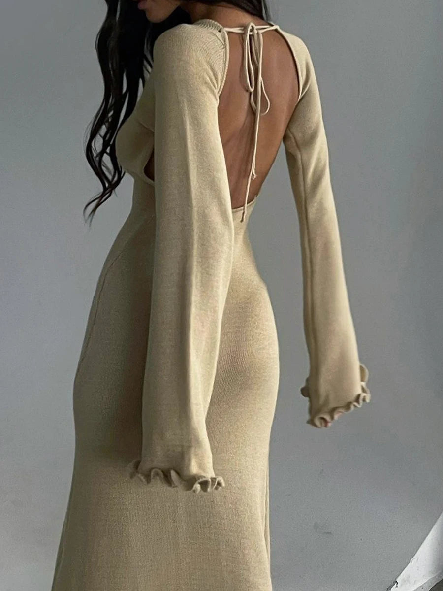 Sexy Backless Knitted Sweater Maxi Dress Outfits for Women Flare Sleeve Dresses Edible Tree Fungus Clothes 2024 Winter