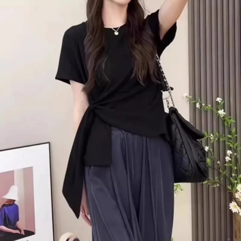 plus Size Women's Cotton T-Shirt Side Tie Waist Short Sleeve Asymmetrical Slit Summer Slimming Top Korean Style Casual Wear
