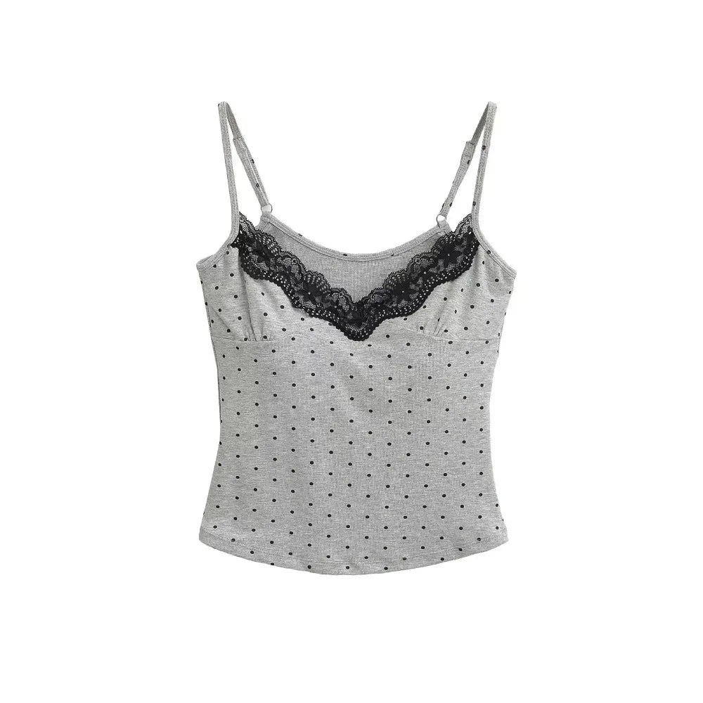 Lace Ruffled Dots Sling Vest Top Sleeveless Bottoming Shirt Camisole with Pads Tank Spicy Girl Style Y2K Slim Crop Top Summer
