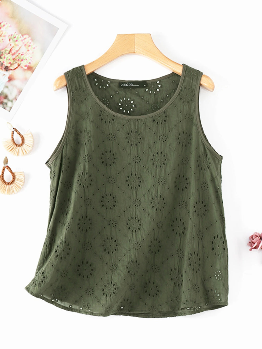 ZANZEA Women Summer Hollow Out Embroidery Tanks 2024 Fashion Vacation Casual Solid Color Tunic Tops Loose Sleeveless Blouses