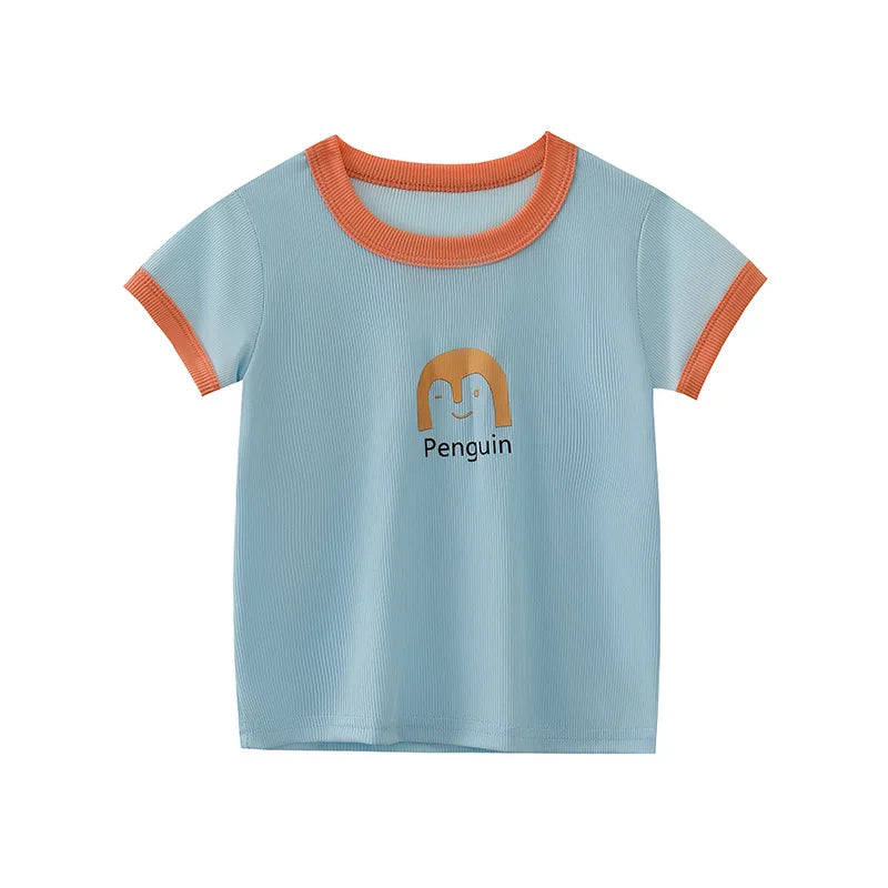 Candy Colored Short Sleeved T-shirt Girls Versatile and Stylish Cartoon Ice Silk Short Sleeves 3-8 Years Old Children Summer Top