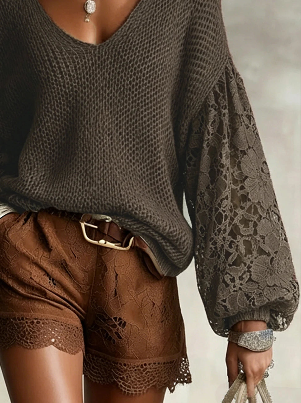 2026 New Arrival: Popular European and American Women's Fashion – Lace Openwork Bell-Sleeve V-Neck Knit Pullover