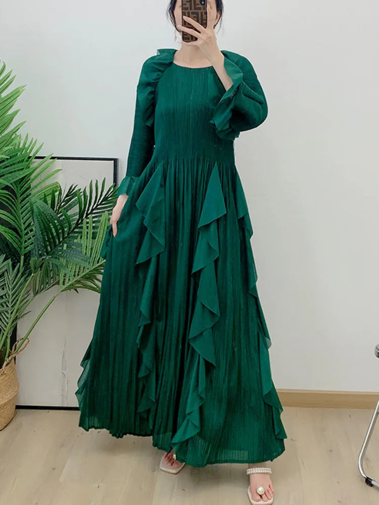 LANMREM Fashion Ruffles Pleated Dress Women Round Neck Flare Sleeves Solid Maxi Belt Dresses Party 2025 Spring New 2AA1502