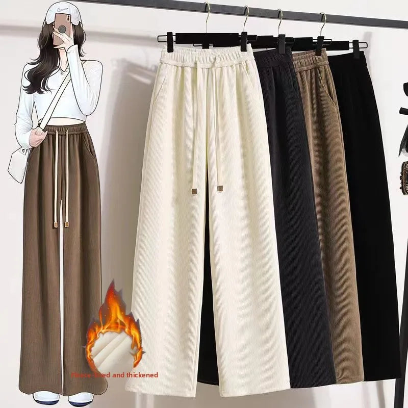 Women's High Waist Fleece Lined Corduroy Wide Leg Pants Thickened Casual Sports Straight Long Trousers Autumn Winter Fashion