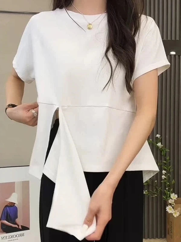 plus Size Women's Cotton T-Shirt Side Tie Waist Short Sleeve Asymmetrical Slit Summer Slimming Top Korean Style Casual Wear
