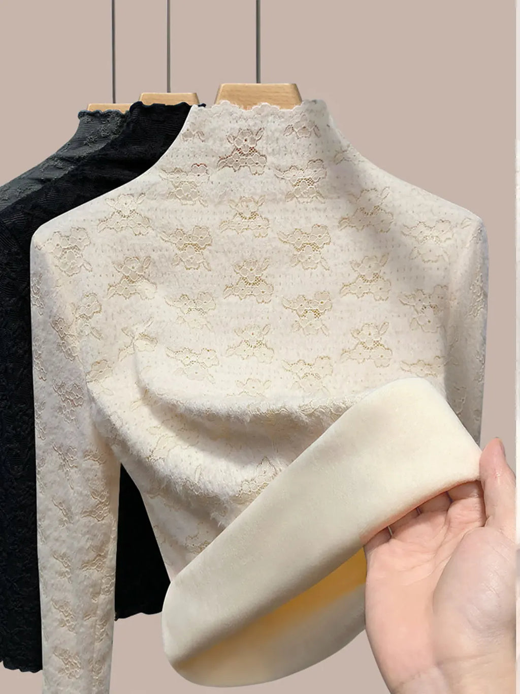 Thickened Half High Collar Fleece Lined Lace Base Shirt Women's High End Inner Wear Autumn Winter New Style Fashionable Top