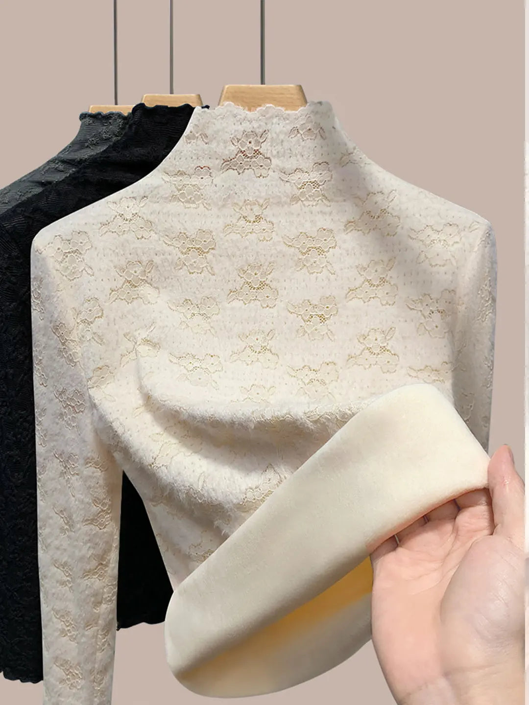 Thickened Half High Collar Fleece Lined Lace Base Shirt Women's High End Inner Wear Autumn Winter New Style Fashionable Top