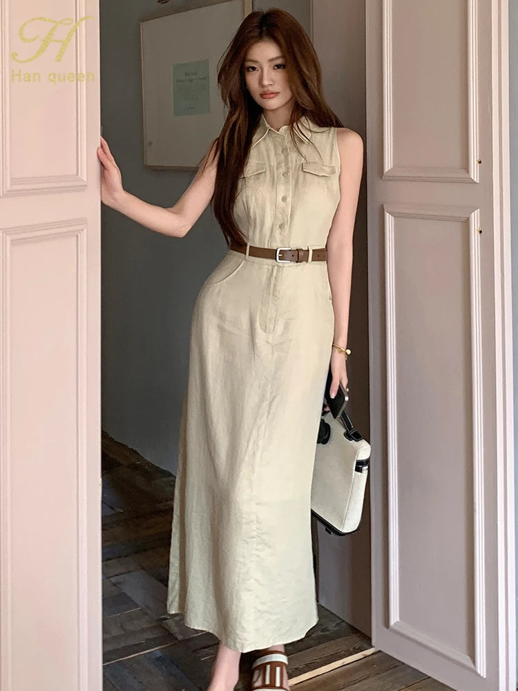 French style Sheath Pencil Simple Solid Slim Button Sleeveless Work Business Dress Women Summer Lapel Shirt Dresses