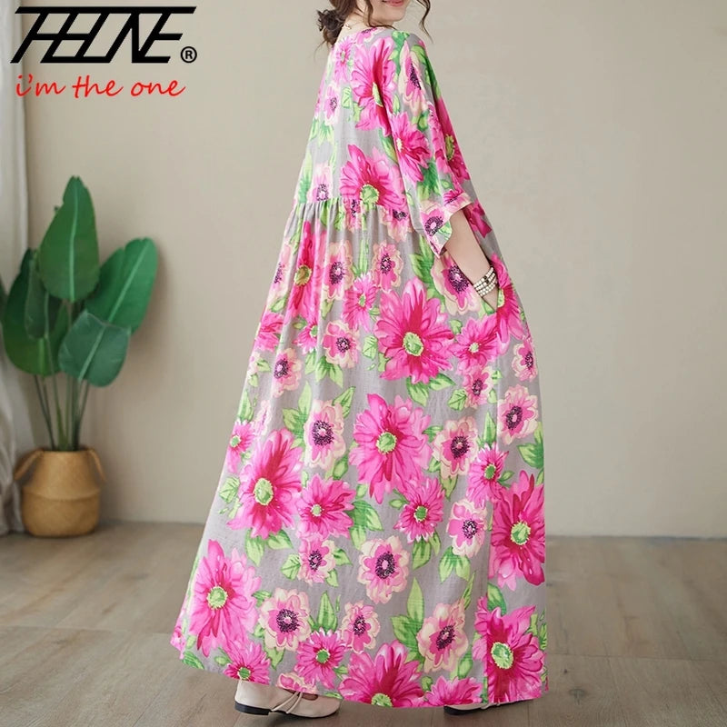THHONE Vestidos Para Mujer Bohemian Print Maxi Long Dress for Women 2024 Floral Casual Cotton Linen Loose Vintage Robe Dresses