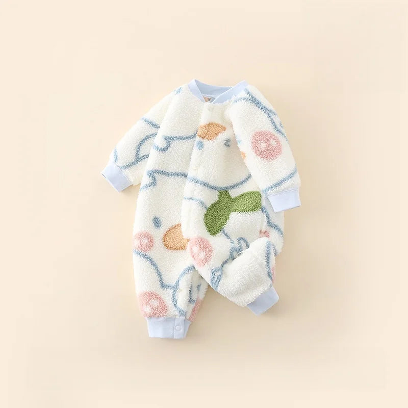 2026 Boys Girls Winter Spring Jumpsuit 0-24M Newborn Fleece Lined Long Sleeve Onesie Infant Cartoon Print Soft Warm Baby Romper