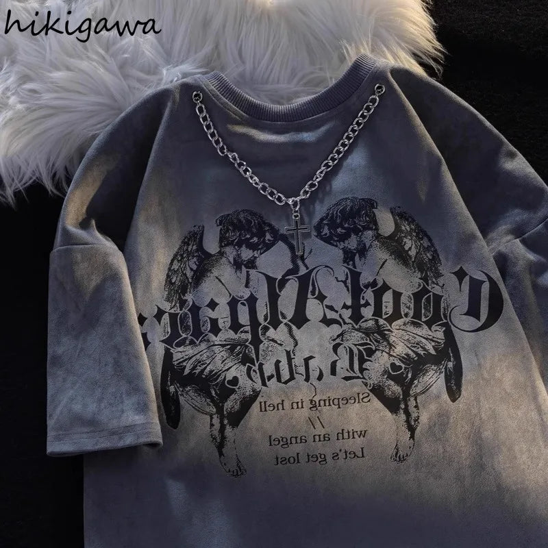 Streetwear BF Tshirts Women 2025 Ropa Mujer Y2k Tops Harajuku Chain Summer T-shirts O-neck Short Sleeve Tees Oversized T-shirt