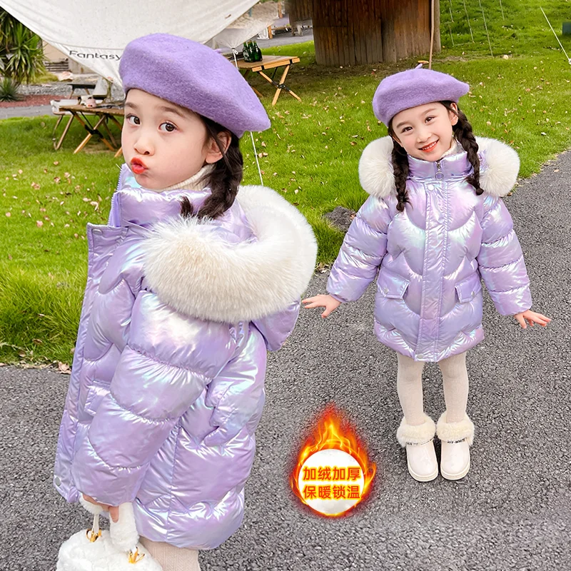 2026 Winter Coats Girls Warm Long Down Jackets Kids Fashion Unicorn Shiny Waterproof Parka Children Fur Collar Hooded Outerwear