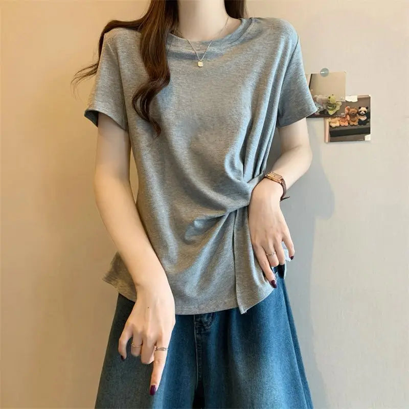 Spring and Summer Large-size Women's Clothing New Solid Color Loose and Thin Irregular Design Round Neck Short-sleeved T-shirt