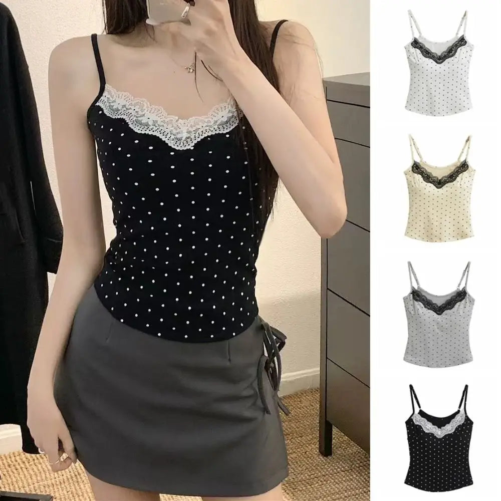 Lace Ruffled Dots Sling Vest Top Sleeveless Bottoming Shirt Camisole with Pads Tank Spicy Girl Style Y2K Slim Crop Top Summer