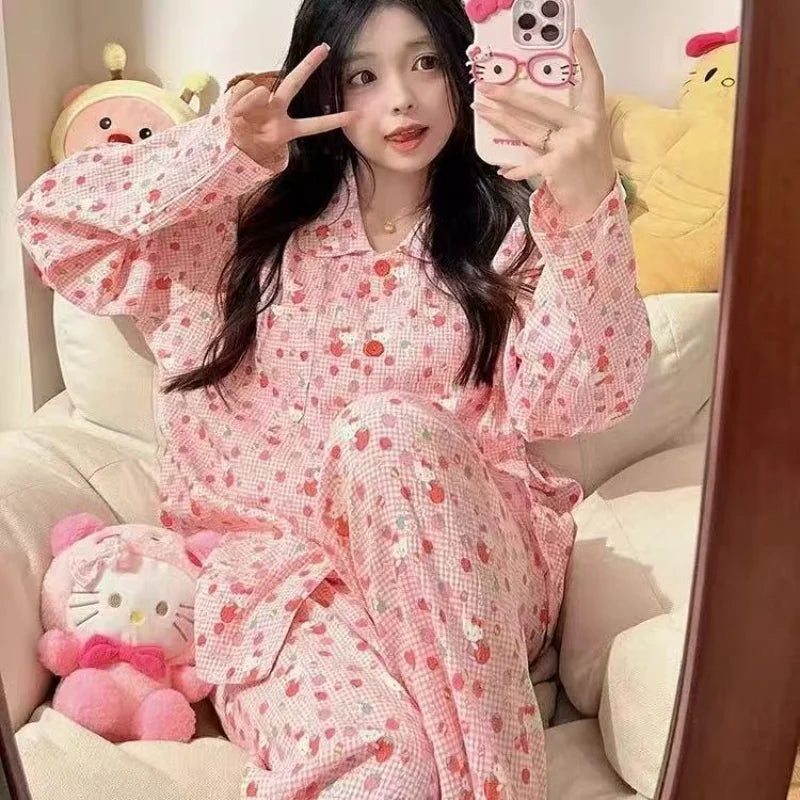 Sanrio Hello Kitty Girl Pajamas Sets Kawaii Women Cartoon Spring Autumn New Long Sleeves Trousers 2Pcs Leisure Home Clothing Hot