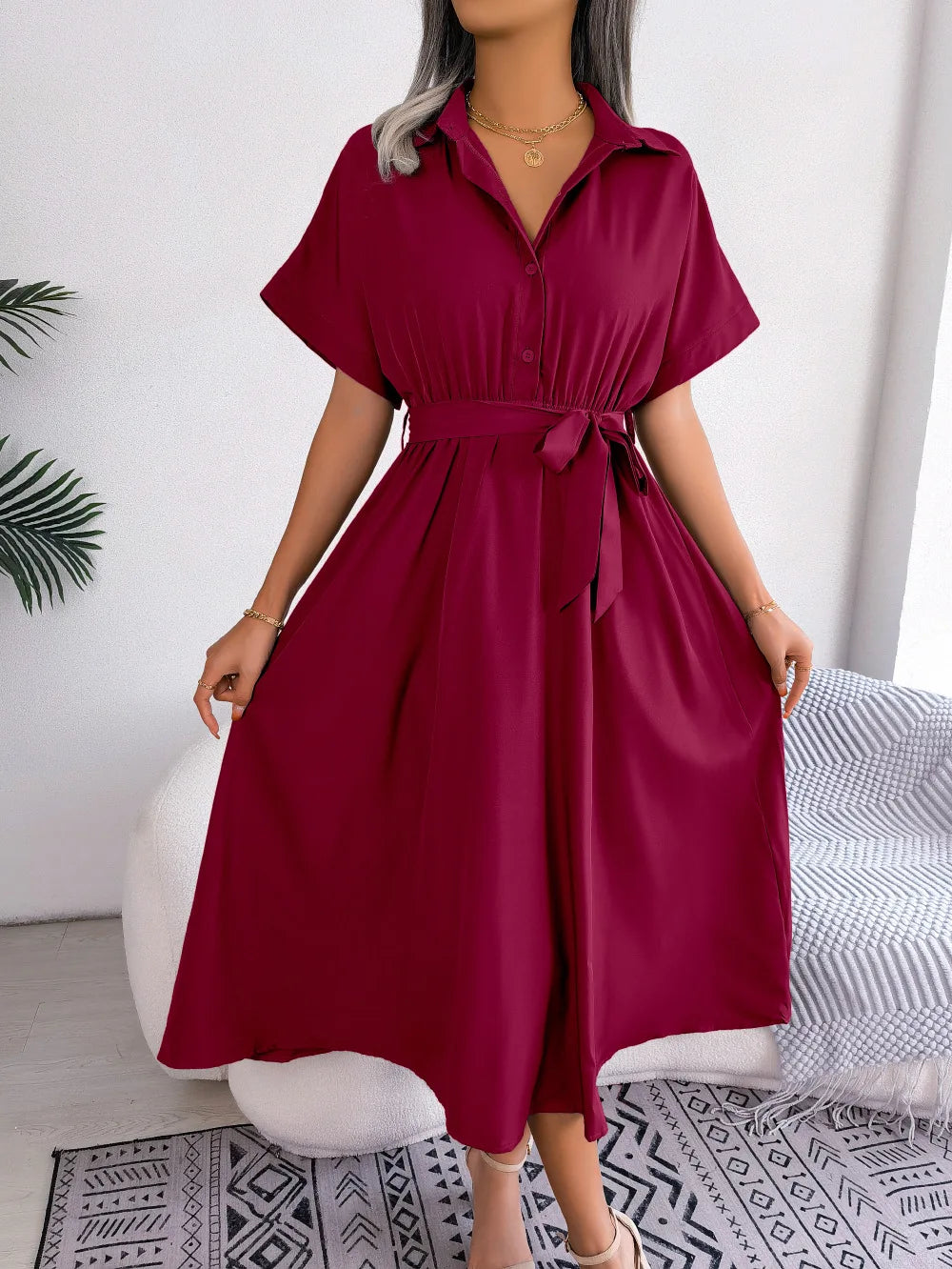 2026 Summer Turn-down Collar Solod Color Women Shirt Dress Fashion New Short Sleeve Loose Casual Elegant Lace-up Long Dresses