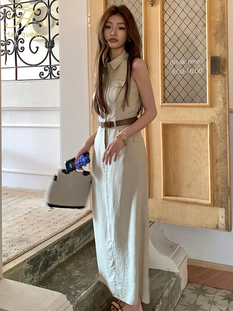 French style Sheath Pencil Simple Solid Slim Button Sleeveless Work Business Dress Women Summer Lapel Shirt Dresses