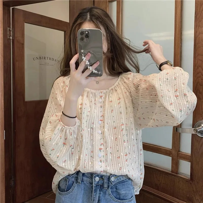 Chiffon Shirts Women Summer Floral Printing Girls Long Lantern Sleeve O-neck Blouses All-match Lovely Button-up Elegant Simple