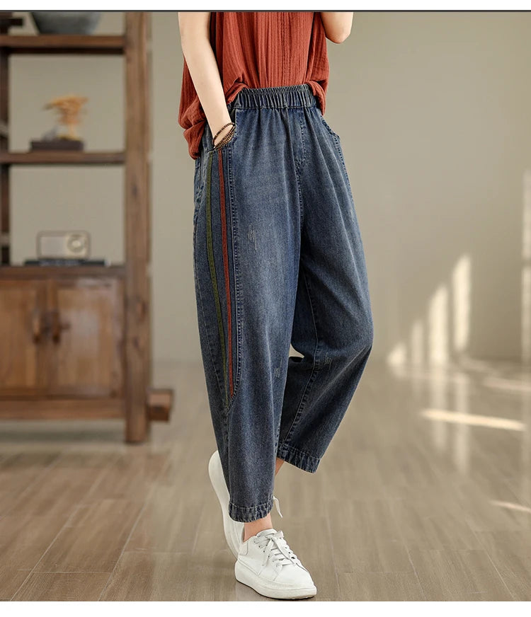 Retro Full Cotton Washed Denim Pants Women's Spring Summer Elastic Waist Patchwork Dad Harlan Blue Straight Leg Trousers