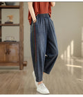 Retro Full Cotton Washed Denim Pants Women's Spring Summer Elastic Waist Patchwork Dad Harlan Blue Straight Leg Trousers