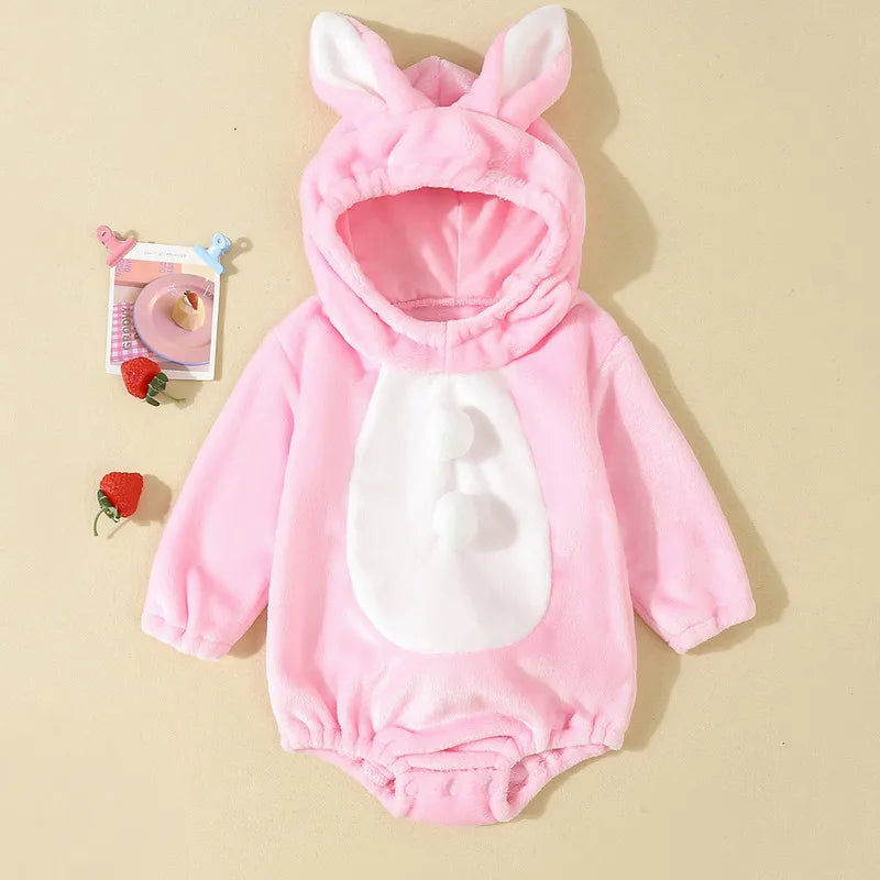 1 to 24 Months Baby Boys Girls Cartoon Bodysuit Animal Costume Flannel Role Play Hooded Long Sleeve Pajamas Jumpsuits
