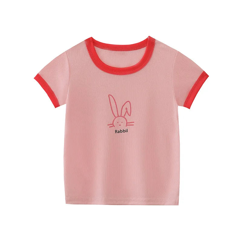 Candy Colored Short Sleeved T-shirt Girls Versatile and Stylish Cartoon Ice Silk Short Sleeves 3-8 Years Old Children Summer Top