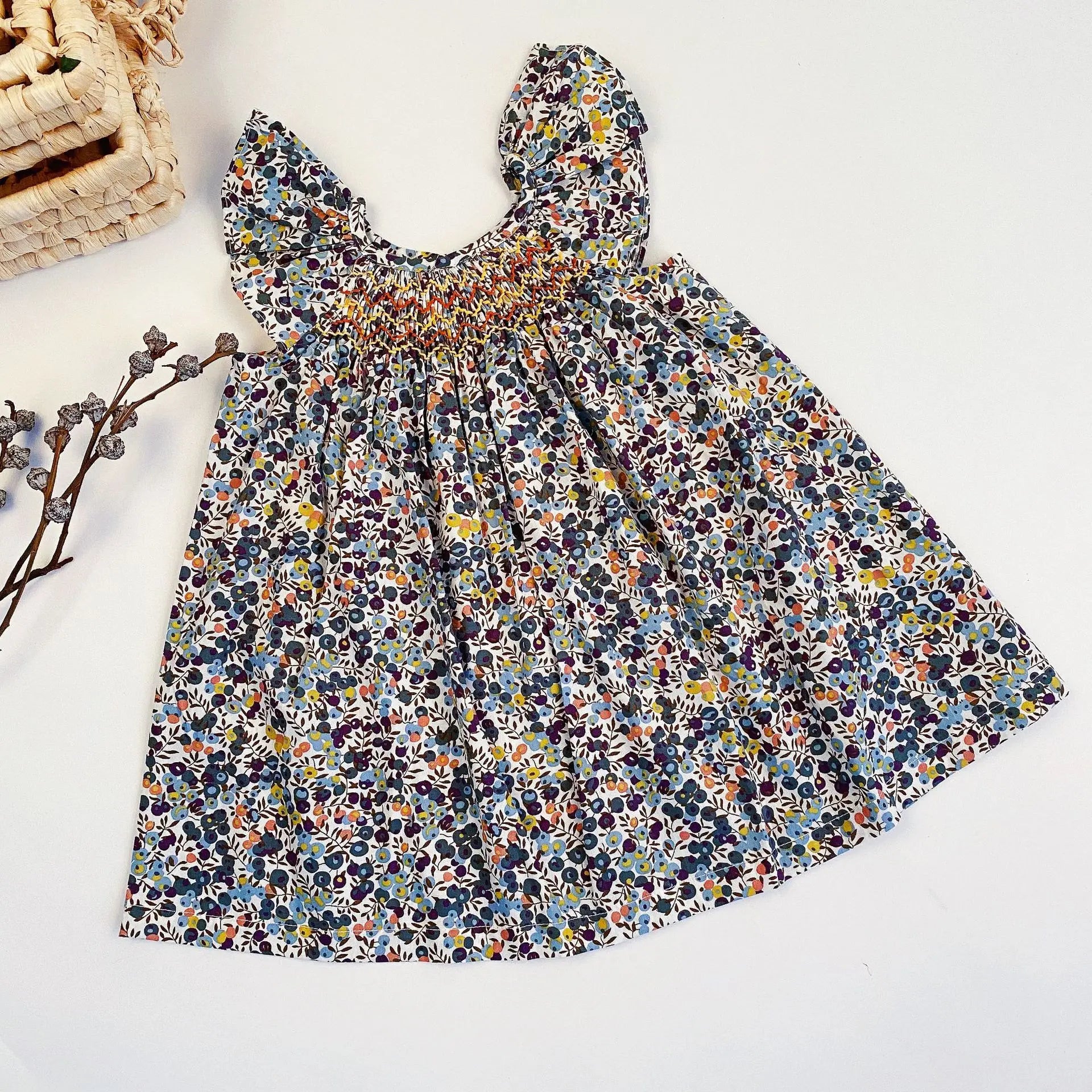 Summer Floral Smocked Vest Dress for Girls Vestidos European Style Baby Dresses Soft Breathable Cotton Children Beach Dress