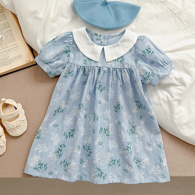 2024 New Summer Sister Clothing Kids Princess Dresses Infant Baby Jumpsuit Short Sleeved Cotton Print Baby Girl Party Dress
