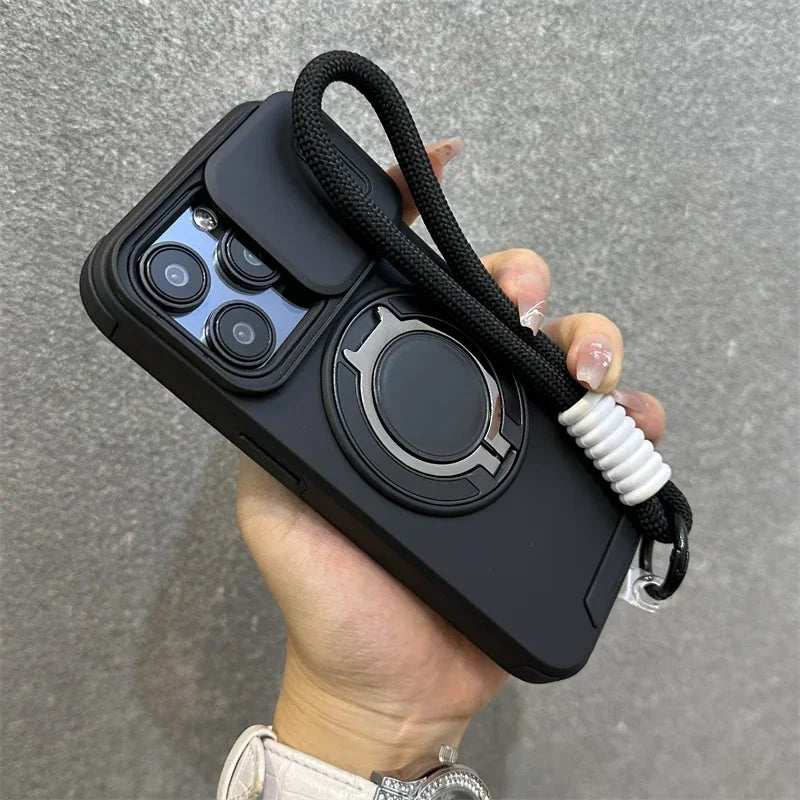 New Armor Magnetic Bracket Cases for iPhone 16 14 13 12 11 15 Pro Max Plus With Lanyard Slide Camera Protection Shockproof Cover