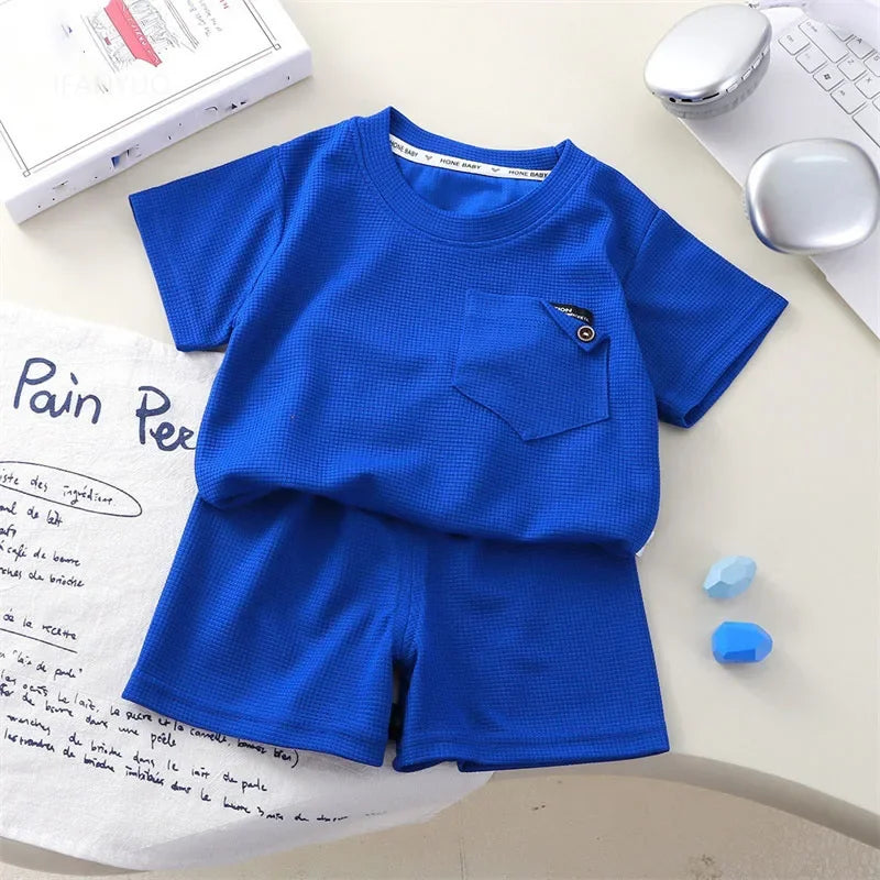 Children Clothing Summer Waffle Short Sleeved Outfits Fashion Boys Girls Casual Sports Shirt Suits Thin Solid Kids Top+pants Set