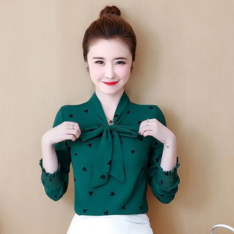 Shirts Women Printed Bow Long Sleeve Korean Style Chic Fashion Office Lady Elegant Vintage Casual Blouses Womens Daily Lovely