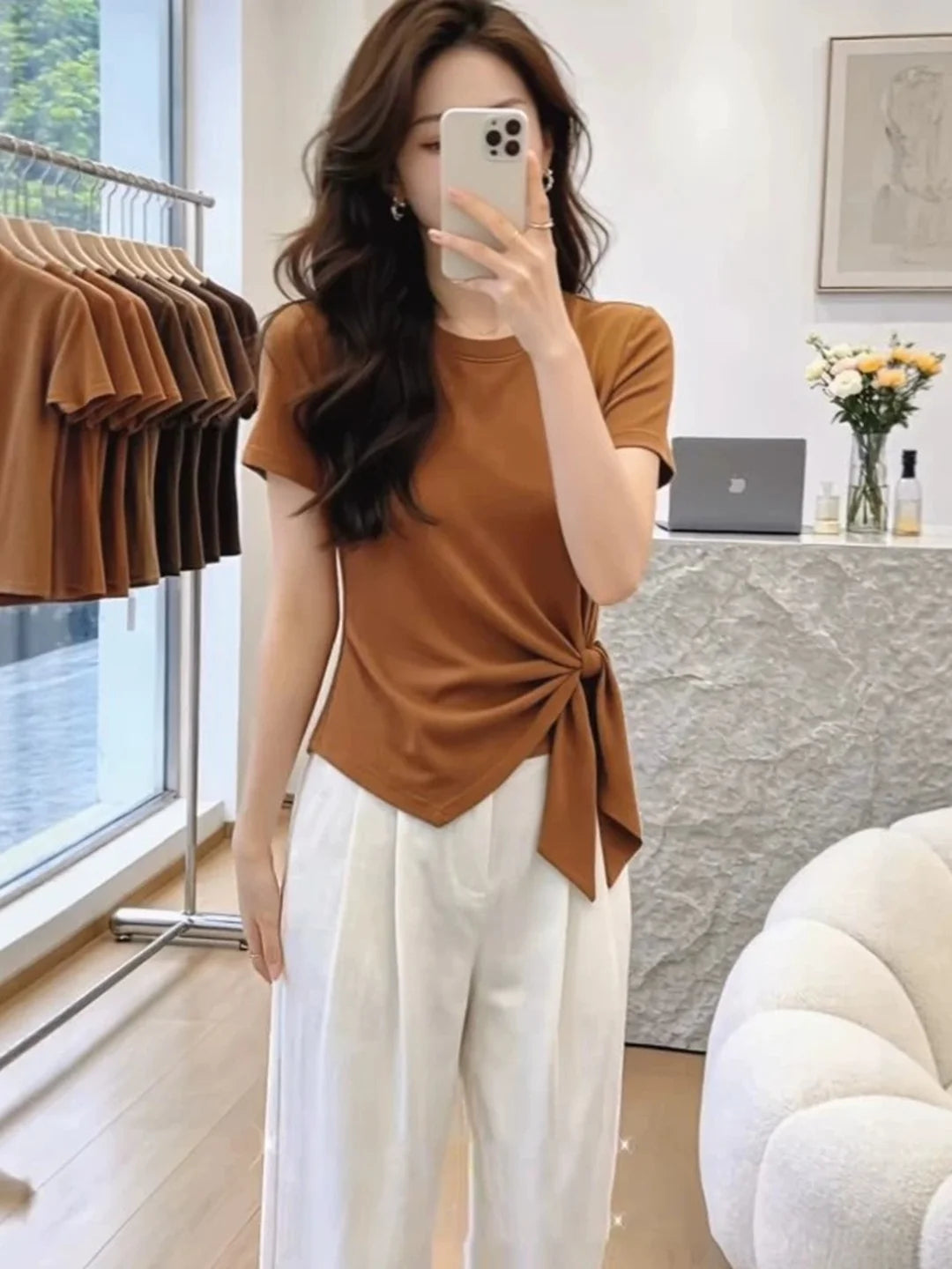 Pure Cotton Short Sleeve T-Shirt Women's Summer plus Size Slim Fit Irregular Belt Design Korean Style round Neck Top