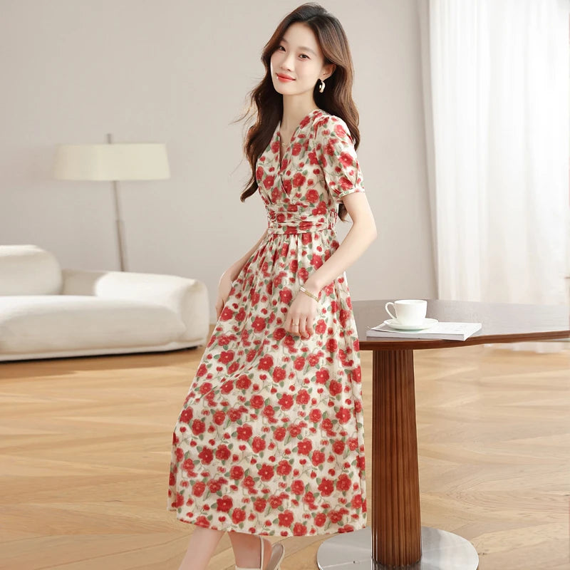 JiuMeiDai-Elegant A-Line V-Neck Dress for Women,  Red Floral Summer Robe, Vintage Designer Party Clothing, Office Lady