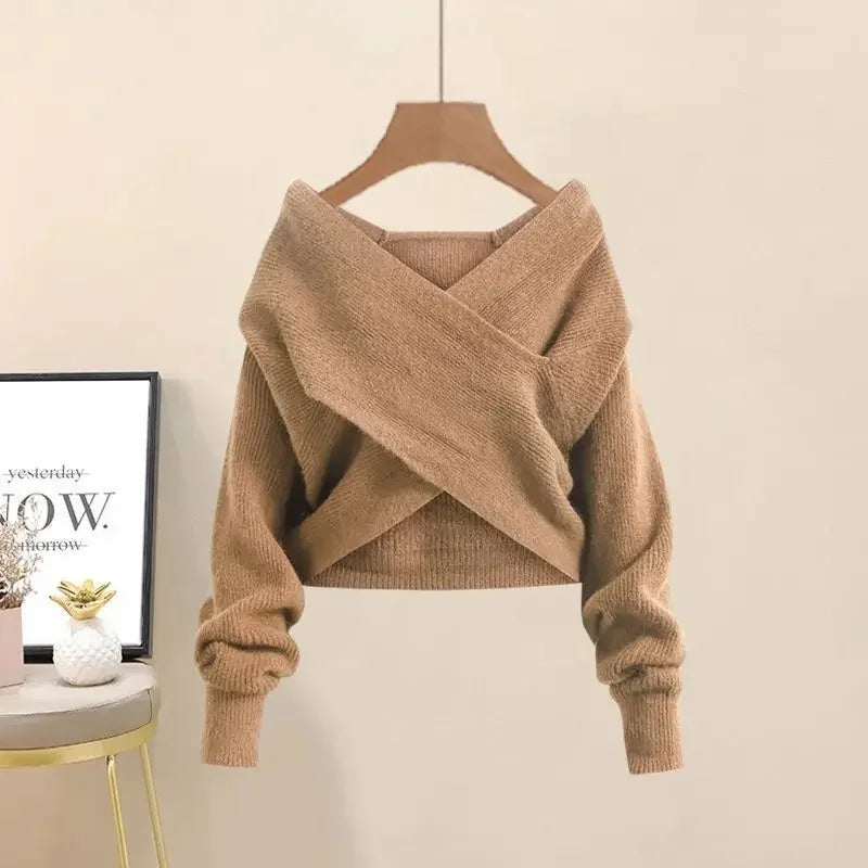 Solid V-neck Sweater Dress Women Autumn Suit Women Korean New Fashion Red Sweater Mid-length Knitted Skirt Two-piece Set