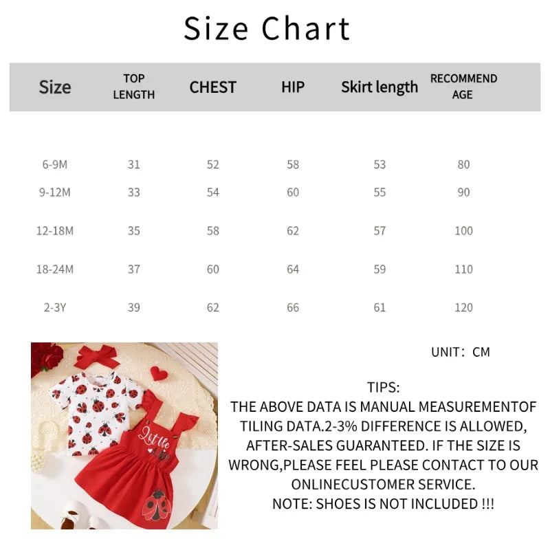 Baby Girl Ladybug Printed Outfit Set 3PCS Short Sleeve T-Shirt + Suspender Skirt+Headband for0-3Y Newborn Summer Casual Clothes