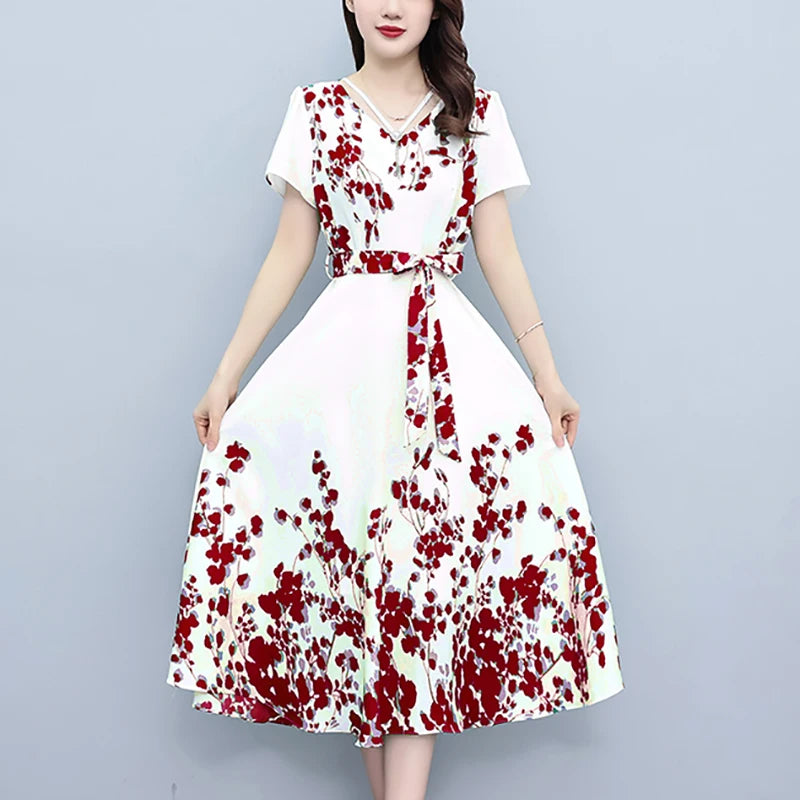 Beach Style Red Floral Chiffon Long Dress for Women Summer Elelgant Casual Holiday Dress 2024 Korean Vintage Bodycon Party Dress