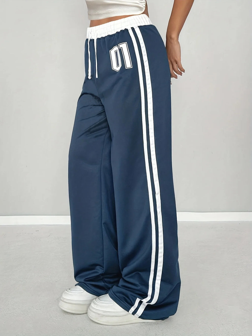 Girls Wide Leg Track Pants Number 01 Print Side Stripe Elastic Drawstring Waist Kids Casual Sporty Pants