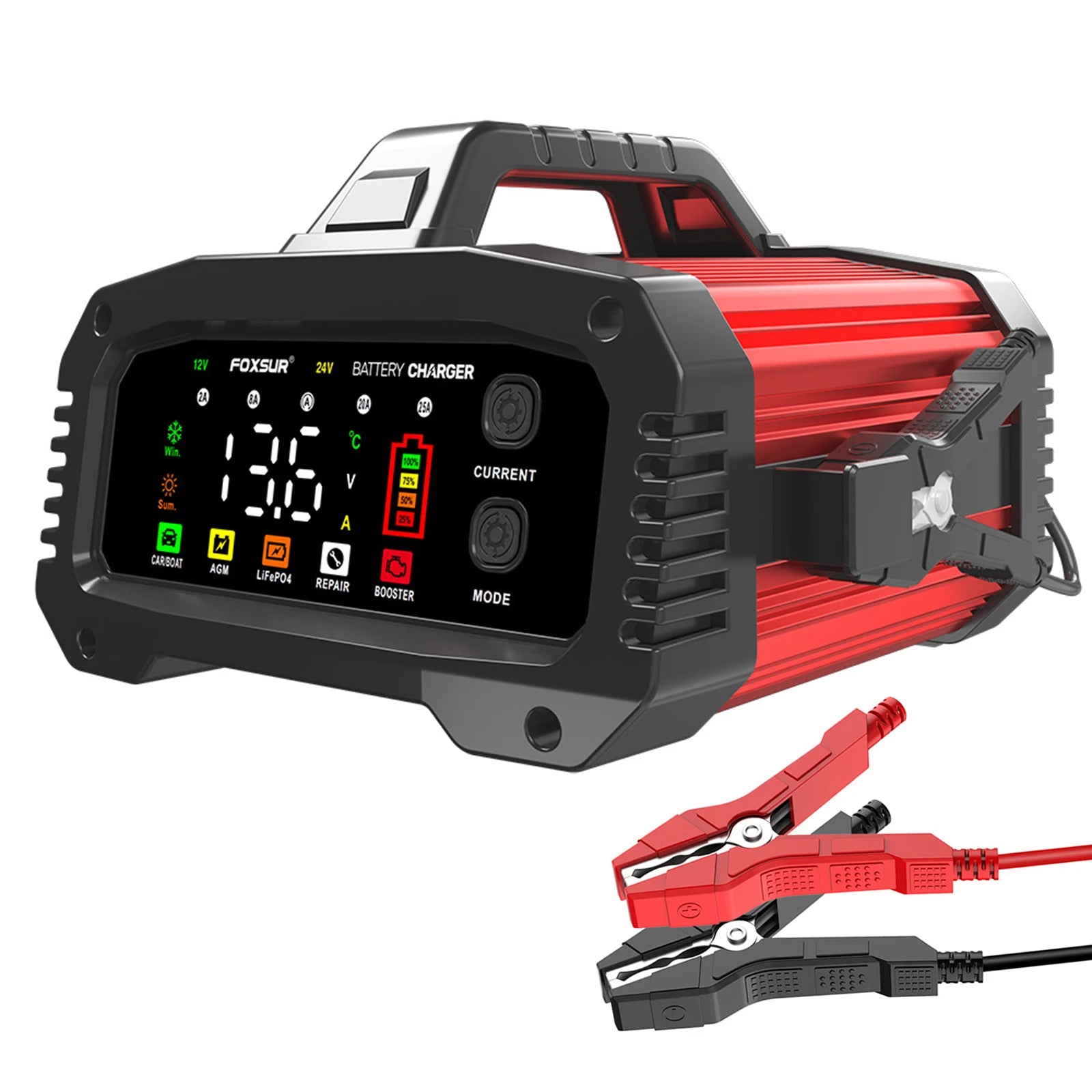 FOXSUR Smart Car Battery Charger 12V/25A 24V/15A Portable Battery Charger Optional Charging Current Shell with BOOSTER Function