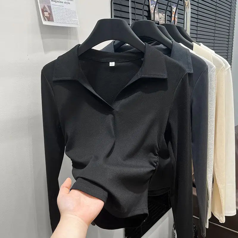 Autumn Cotton Sexy Women's T Shirt Long Sleeve Skinny Slim Basic Solid Black White Crop Top Polo TShirt Casual Top Tee for Women