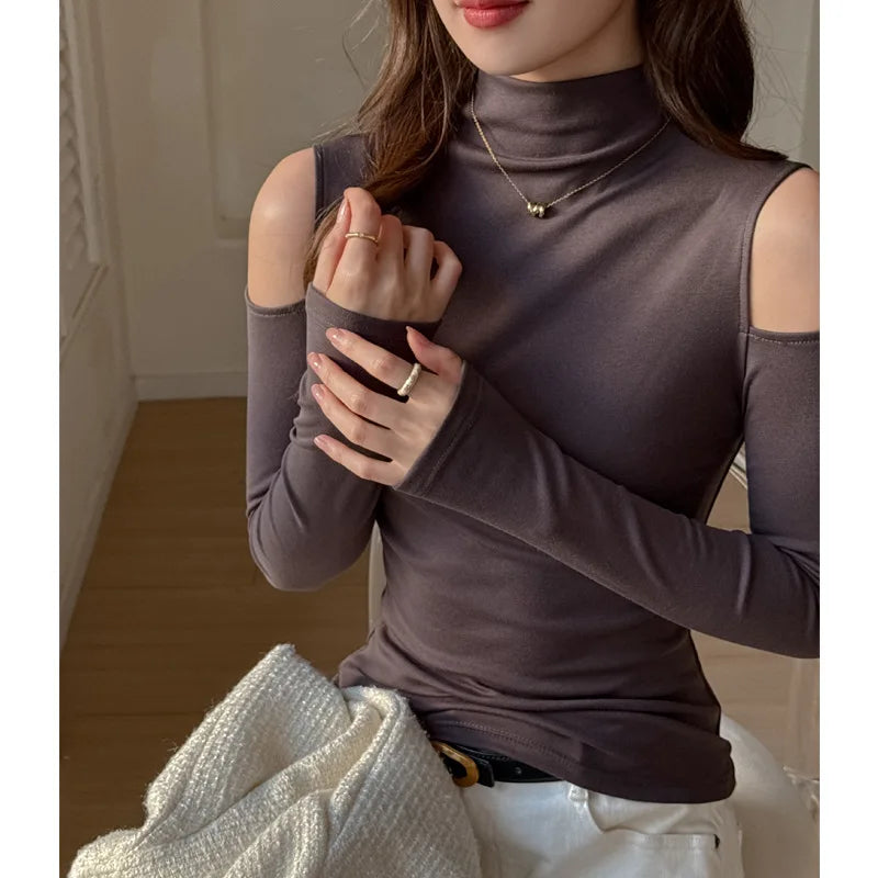2025 TikTok Trendy Lyocell Top Women Long Sleeve Off Shoulder Sexy Semi-Turtleneck Y2K Elegant Casual Wear