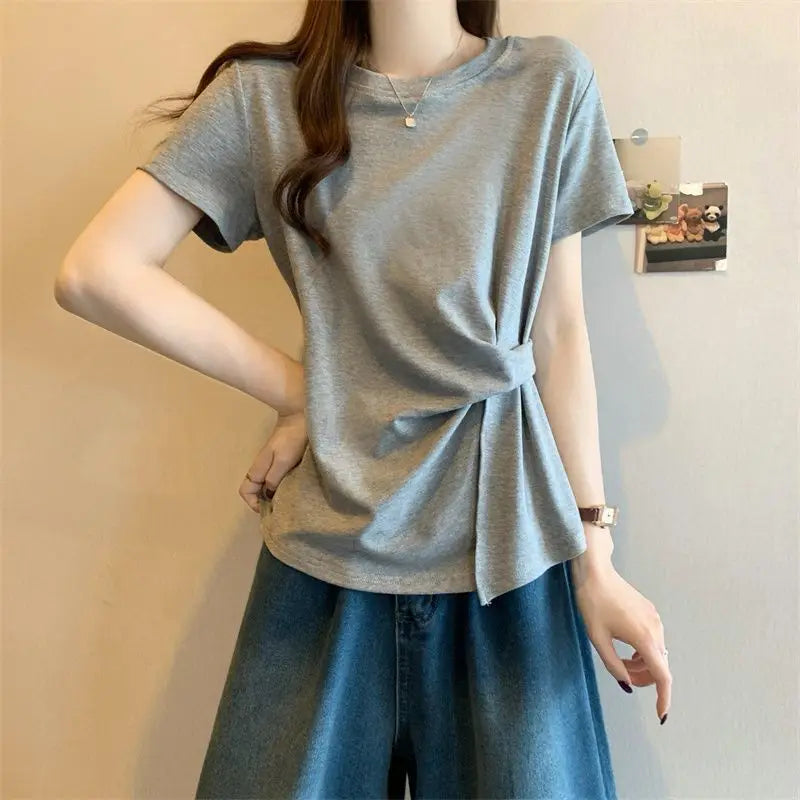 Spring and Summer Large-size Women's Clothing New Solid Color Loose and Thin Irregular Design Round Neck Short-sleeved T-shirt