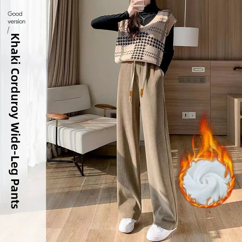 Women's High Waist Fleece Lined Corduroy Wide Leg Pants Thickened Casual Sports Straight Long Trousers Autumn Winter Fashion