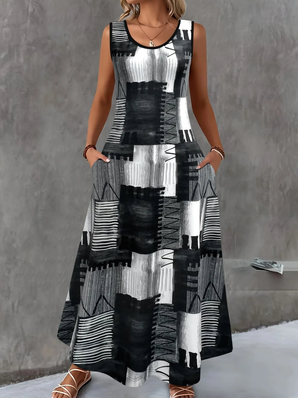Women's Casual Dresses Summer Stylish Polka Dot Print Sleeveless Dress with Round Neck and Pockets Fashion Elegant Party Dresses