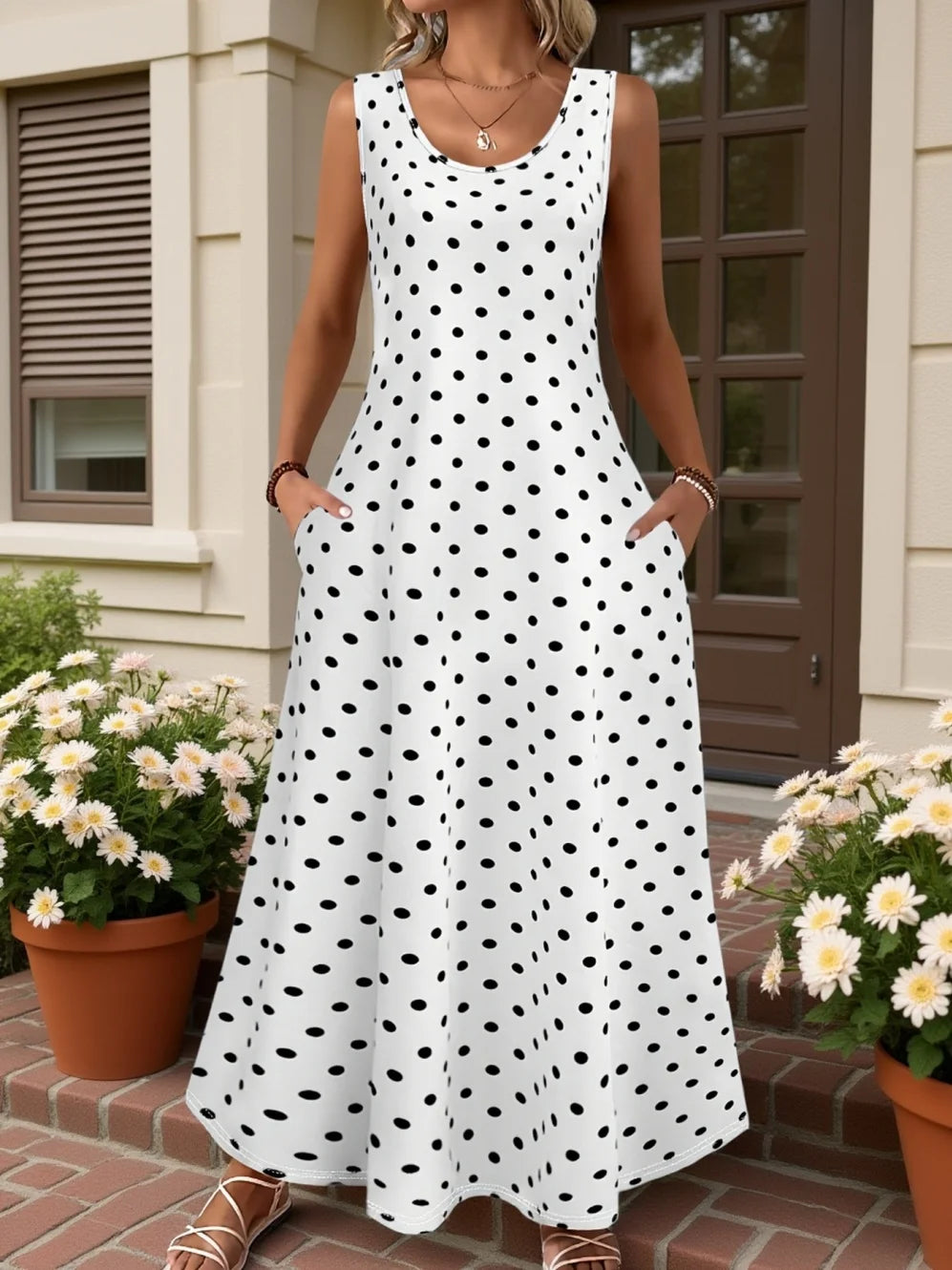 Women's Casual Dresses Summer Stylish Polka Dot Print Sleeveless Dress with Round Neck and Pockets Fashion Elegant Party Dresses